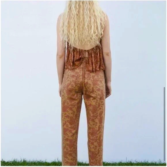 Zara Wide Leg High Waist Paisley Jeans Brown/Red, Size M - Picture 3 of 7
